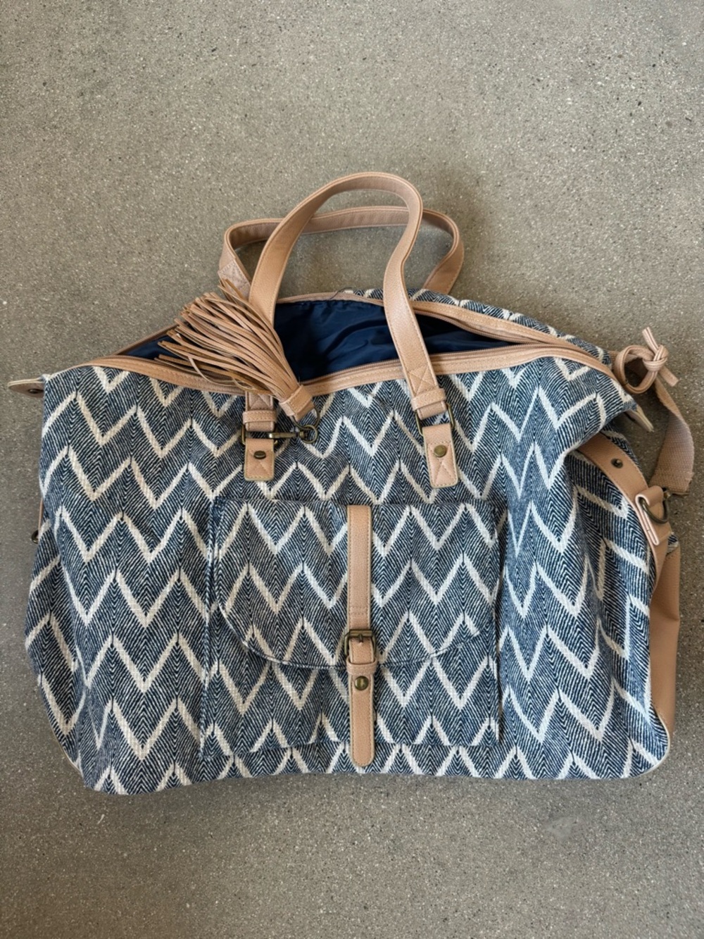 Mossimo Supply Co. Blue Chevron Canvas Weekender Bag with Tan Trim